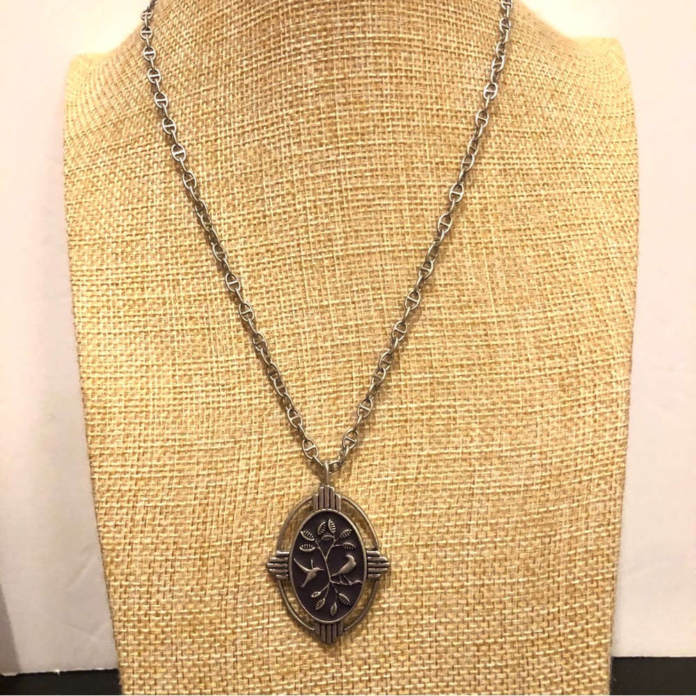 Lia Sophia Necklace silver tone chain w/ oval pendant - black inlay w/ birds